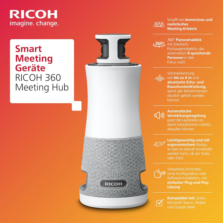 Ricoh (NEU) 360 Meeting Hub – 3-in-1, 360°, Konferenzkamera/Mikrofon/Lautsprecher, 1920 x 1080, 3,6