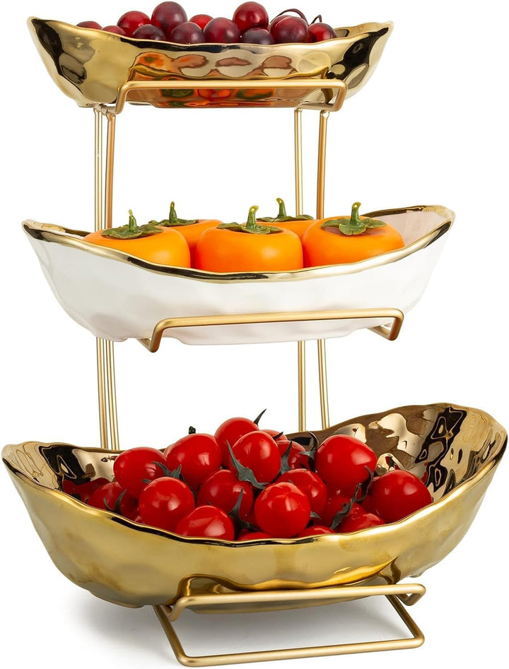 3-Schicht Obstschale Keramik mit Metallgestell, Obstschale Etagere, Elegante Etagere zum Servieren v