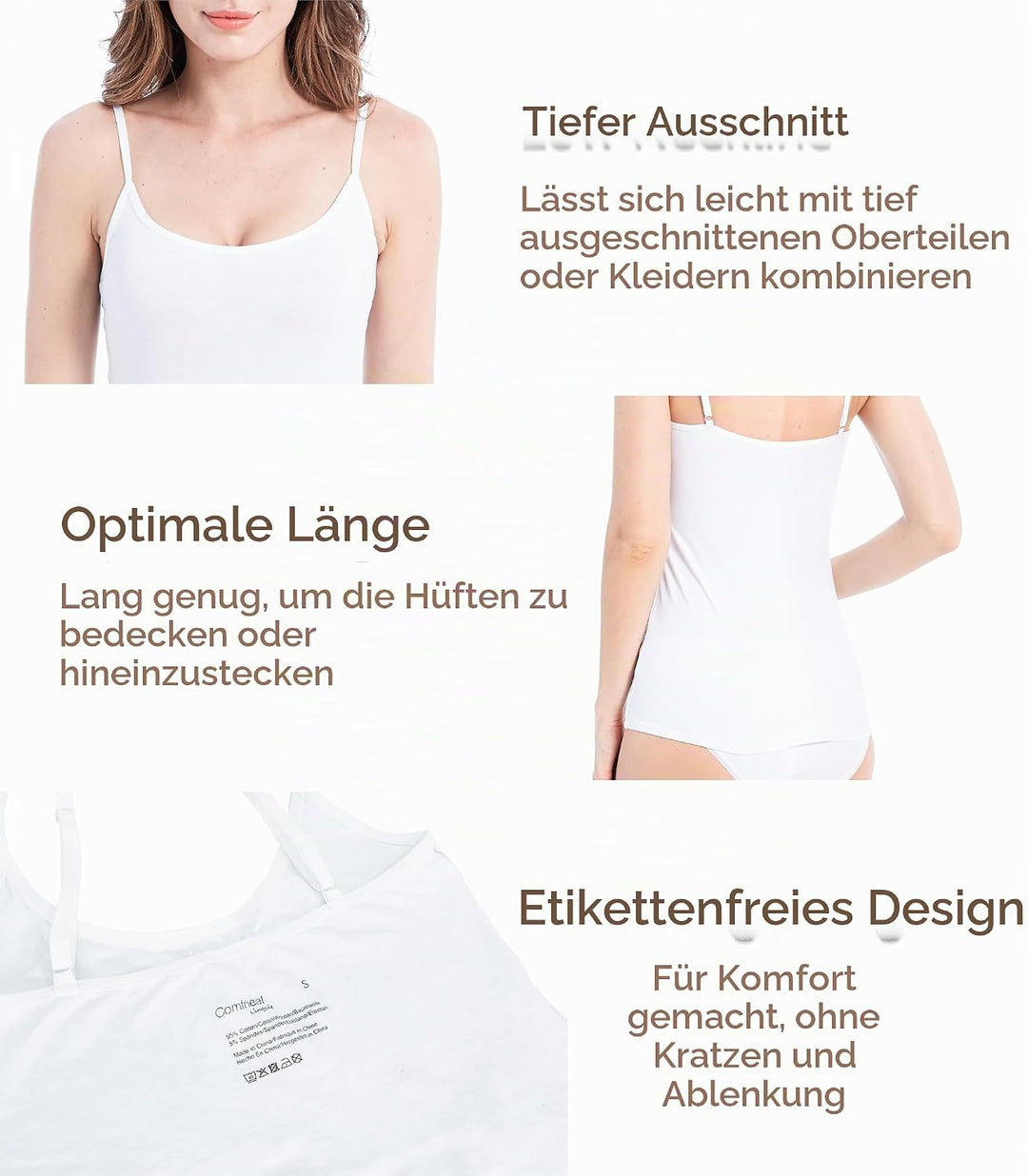 Comfneat Damen 4-Pack Spaghetti Tops Slim-Fit Verstellbare Träger Camisole Baumwolle Elasthan Unterh