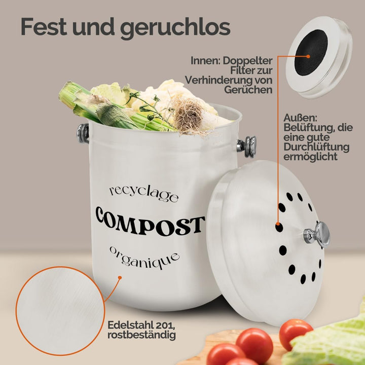 Linxor - Komposter, Behälter, Mülleimer für Küchenkompost 5L rund aus Edelstahl Beige Einzigartig, B