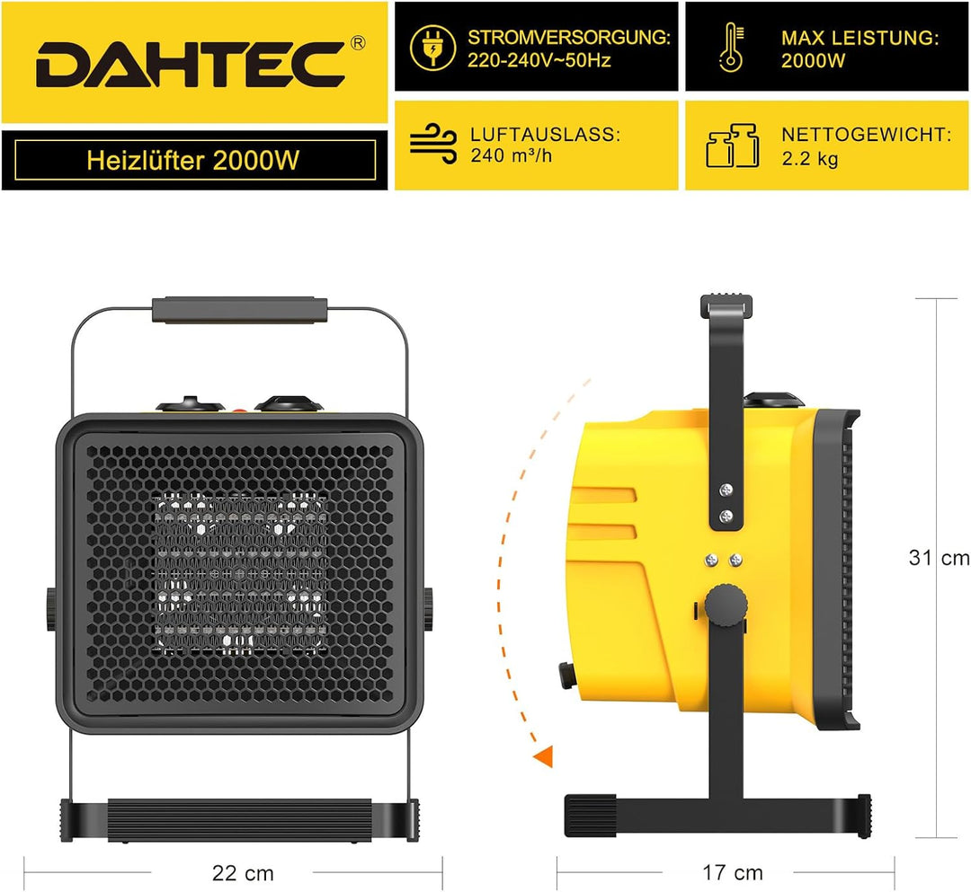 Keramik Heizlüfter 2000 Watt Bauheizer Luftmenge 240 m³/h Elektrisch mit Verstellbarer Winkel für Ga