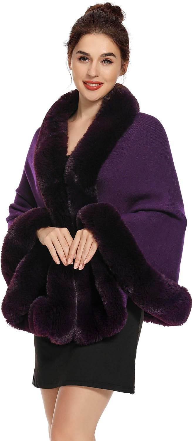 ZLYC Damen Winter Kunstpelz Poncho Cape Strick Schal Stola Warm Cardigan Violett, Violett