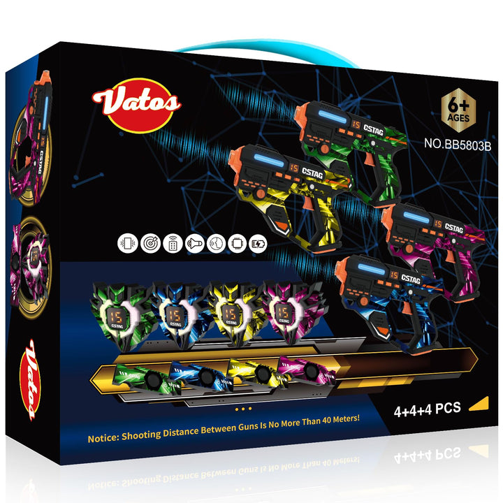 VATOS Wiederaufladbares Laser Tag Set mit 360°Sensoren für 4 Spieler, 2,4 GHz Infrarot Echtzeit Date