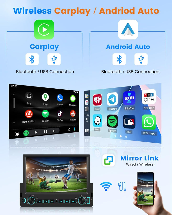 Hikity Autoradio Bluetooth 1 DIN Stereo Auto Bluetooth kompatibel mit Wireless CarPlay &amp; Android Aut