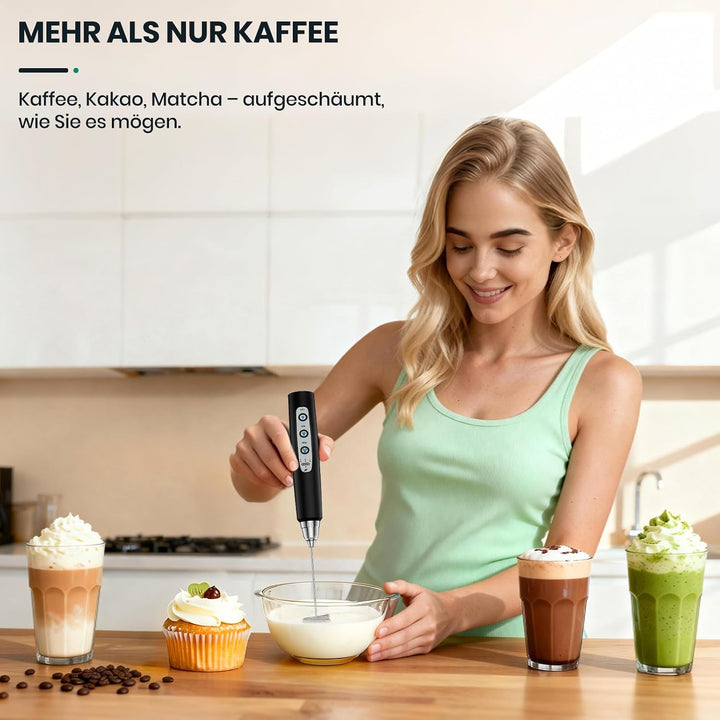 Milchaufschäumer Elektrisch mit 3 Quirl USB-C Wiederaufladbar Milchschäumer Schwarz ohne Ständer, Sc