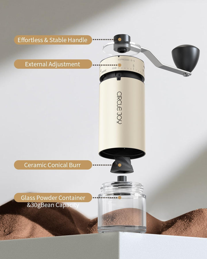 CIRCLE JOY Tragbare Manuelle Kaffeemühle mit keramischem Konischem Frässtift und 40 Externen Einstel