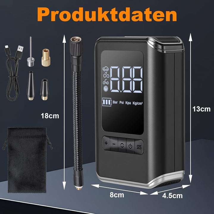 Elektrische Luftpumpe, 150PSI Akku Kompressor mit LED Licht und Auto Stopp