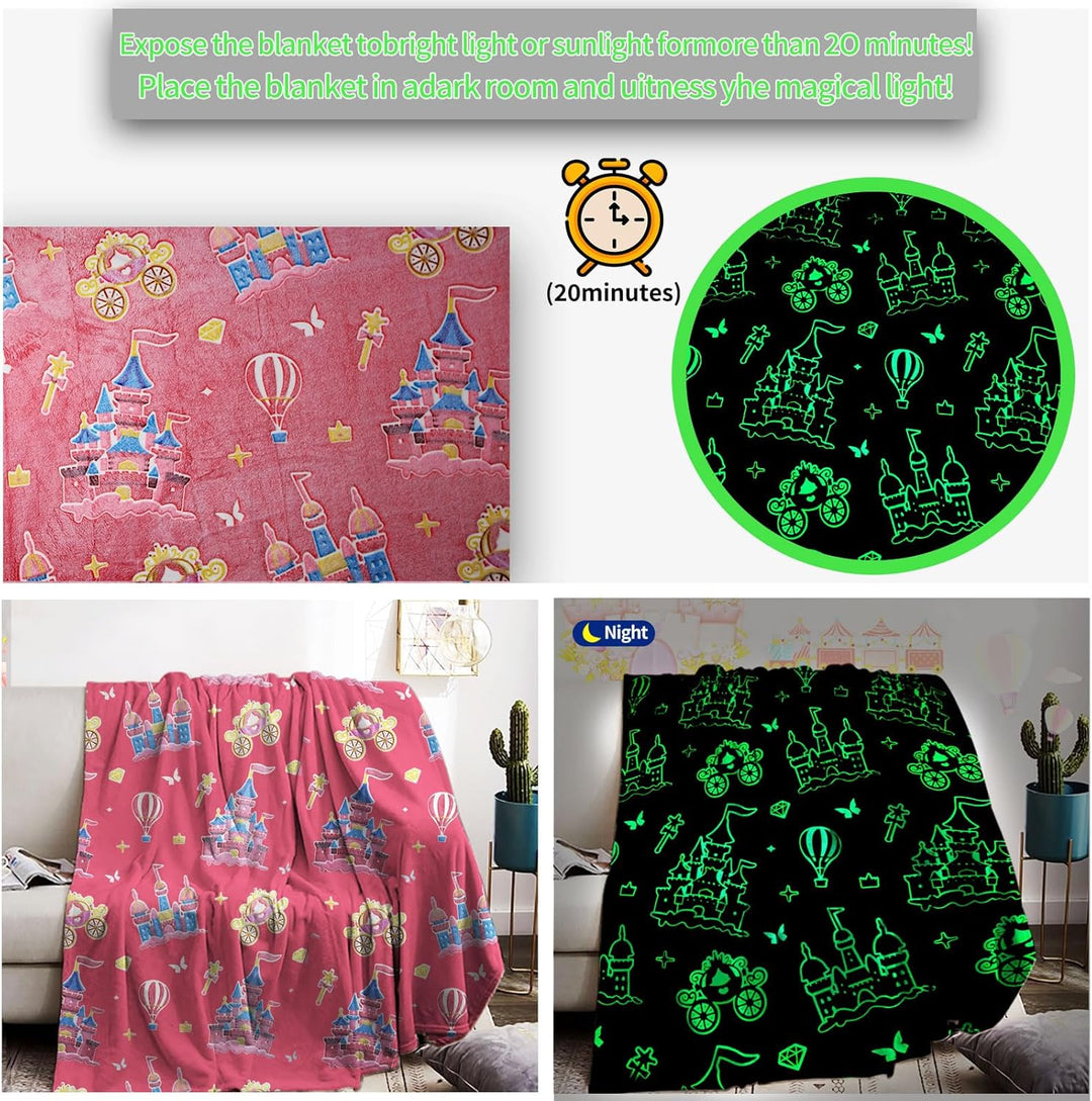 Kuscheldecke Kinder 150x200cm, Ballonschloss Glow in The Dark Decke,Weich Wärme，Kuscheldecke Rosa fü
