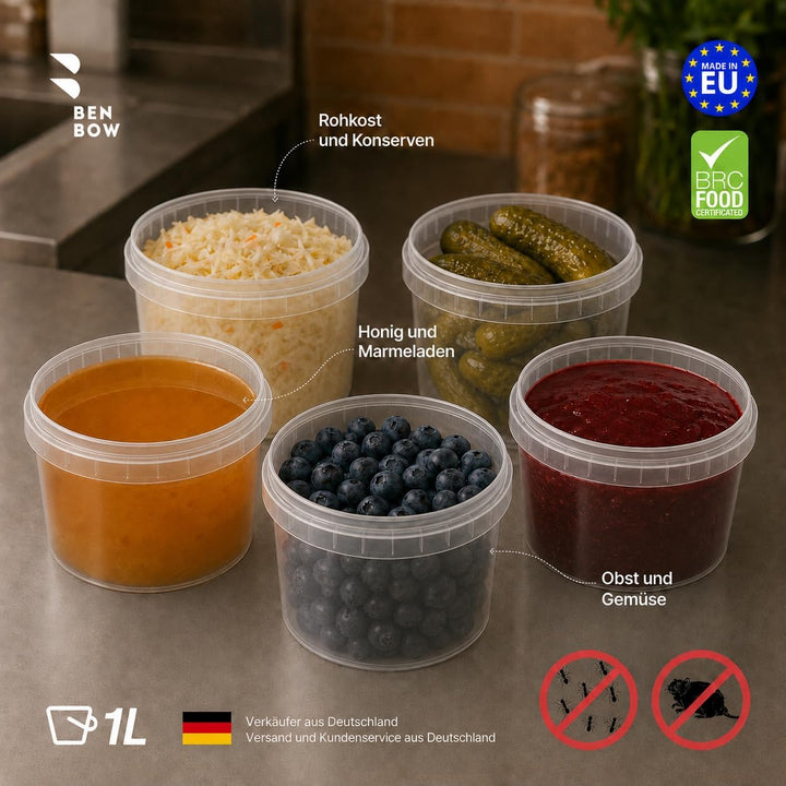 BenBow Eimer mit Deckel 1l Transparent 100x 1 Liter - lebensmittelecht, stabil, luftdicht, auslaufsi