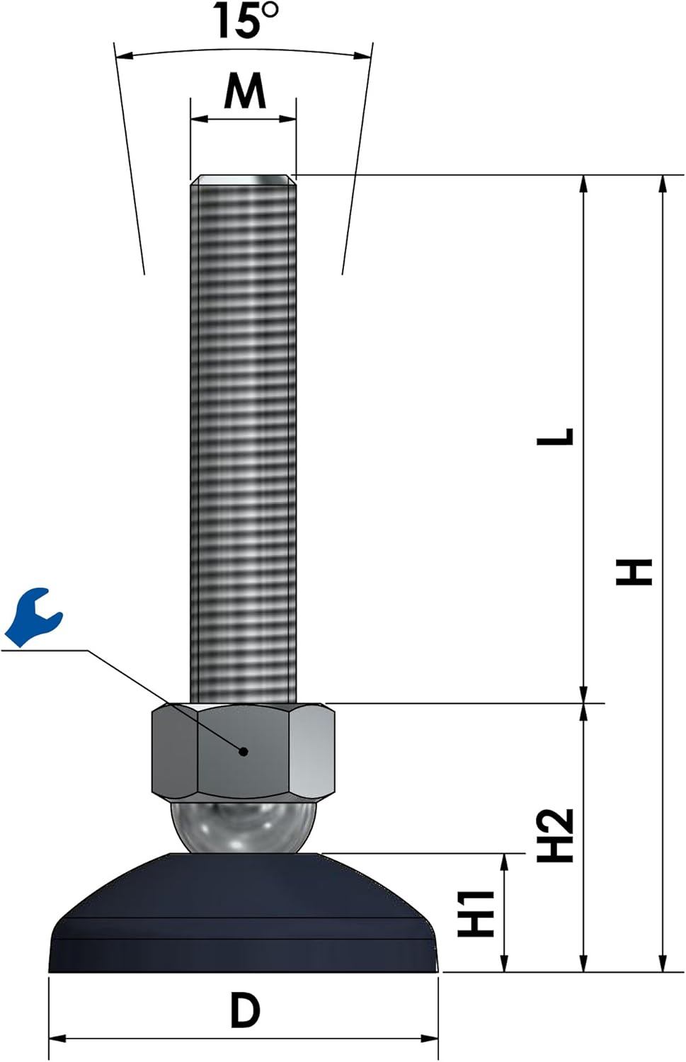 Schwaderer Maschinenfüsse/Stellfüsse/Nivellierfüsse/Gelenkfüsse, höhenverstellbar KF 60 (M8x50), Ø 5