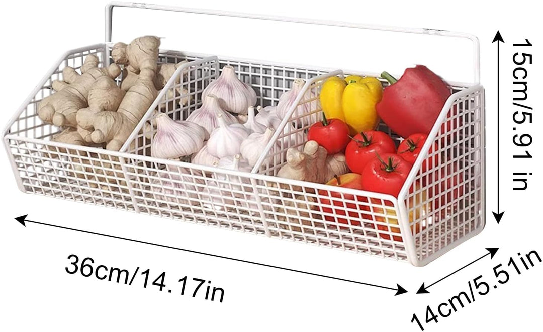Wall Basket, 3 Compartment Onion Holder, 14.17x5.51in Wall Mounted Storage Bin, Space Saving Metal O