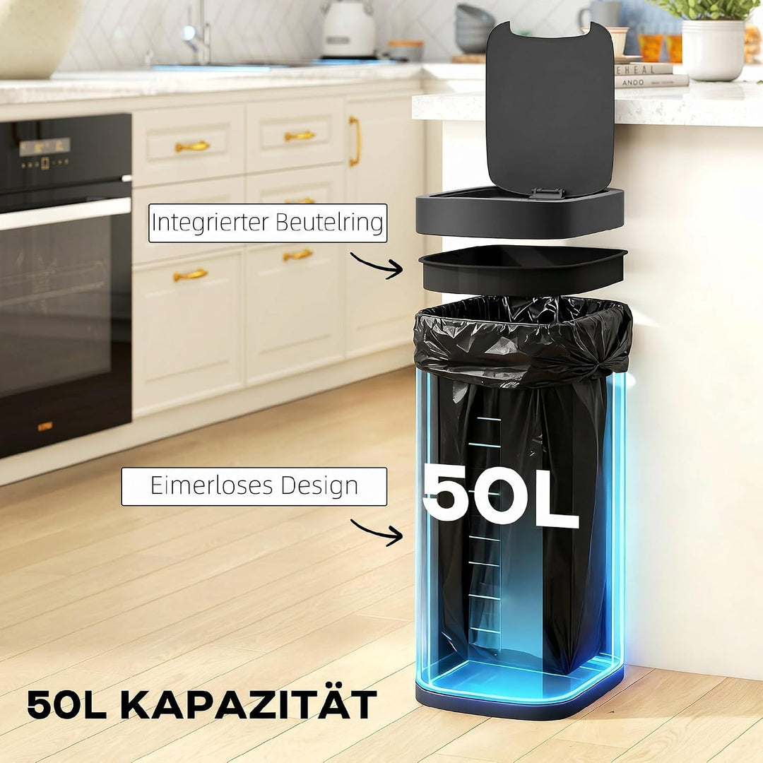 HOMCOM 50L Sensor-Mülleimer Berührungslos mit Bewegungssensor Schwarz, Schwarz