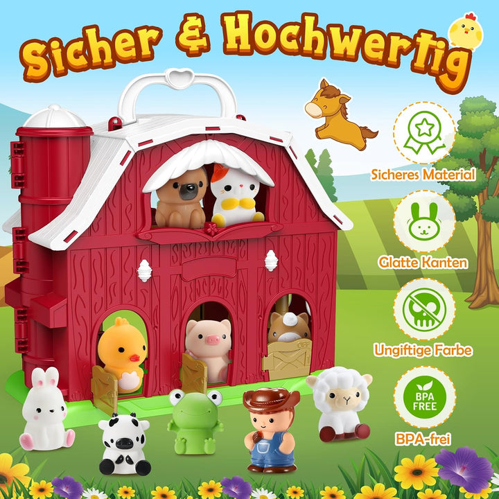 HappyKidsClub Montessori Bauernhof Spielzeug ab 1-4 Jahre, Aufklappbare Scheune Spielhaus für Kleink