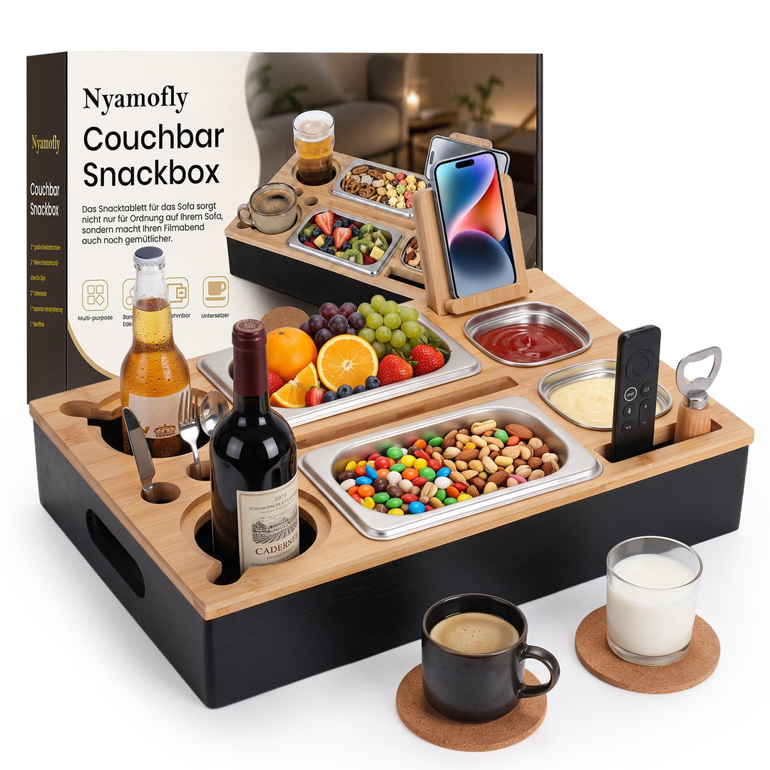 Couchbar Snackbox aus Bambus inkl. Geschenkbox, Sofa Tablett mit Snackschalen, Snack Organizer für S