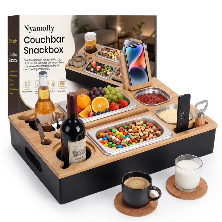 Couchbar Snackbox aus Bambus inkl. Geschenkbox, Sofa Tablett mit Snackschalen, Snack Organizer für S