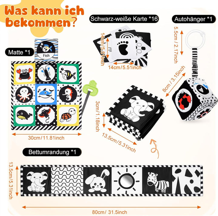 Schwarz Weiss Kontrastbuch mit Kontrastkarten, Baby Sensorik Kontrast Spielzeug 0-12 Monate Baby Ges