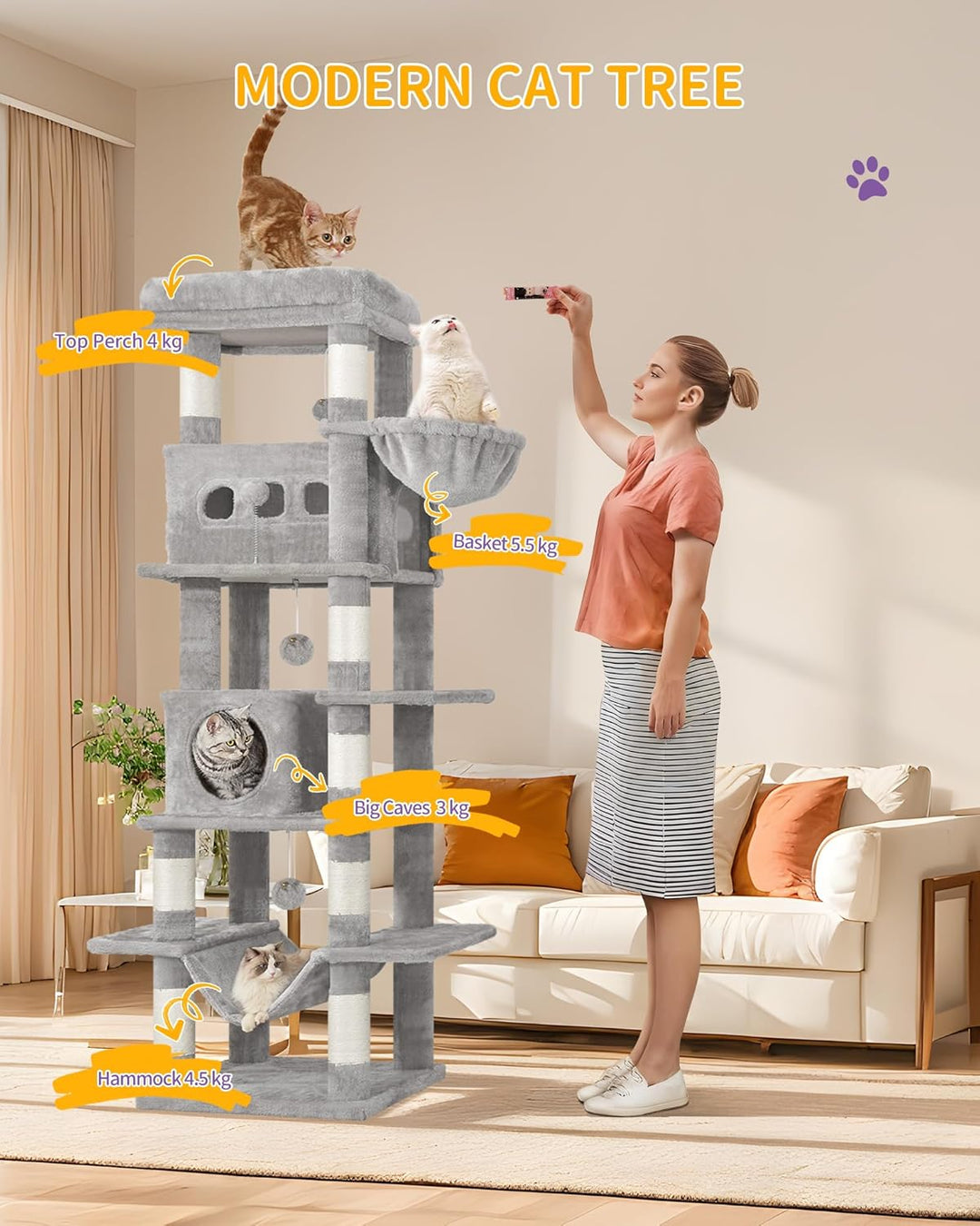 Hzuaneri Kratzbaum gross, 170 cm hoch, Katzenbaum, mit 8 Kratzbäume, 2 Höhlen, gross Plattformen, Wa