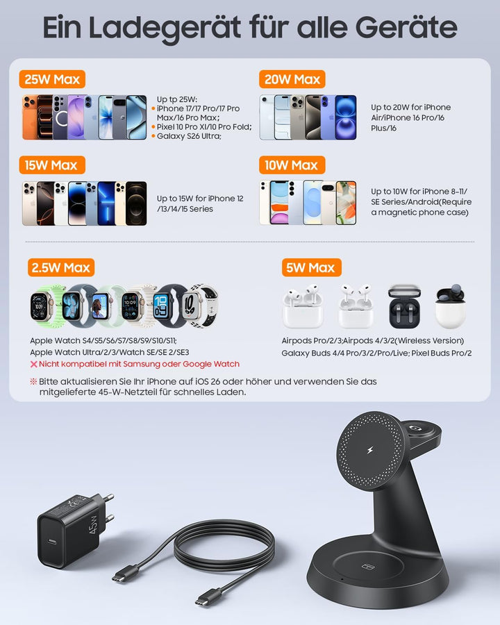 Meifigno 25W 3-in-1 Induktive Ladestation für Apple Watch und iPhone, Black, Black
