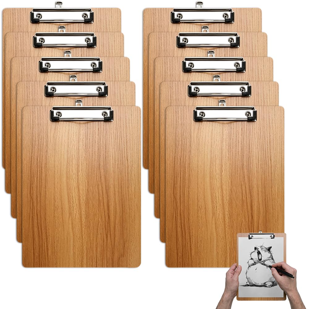 Klemmbrett A4 Holz, 10 Stück Klemmbretter A4 mit Klammer und Haken, Bürohelfer Klemmmappe aus Holz f