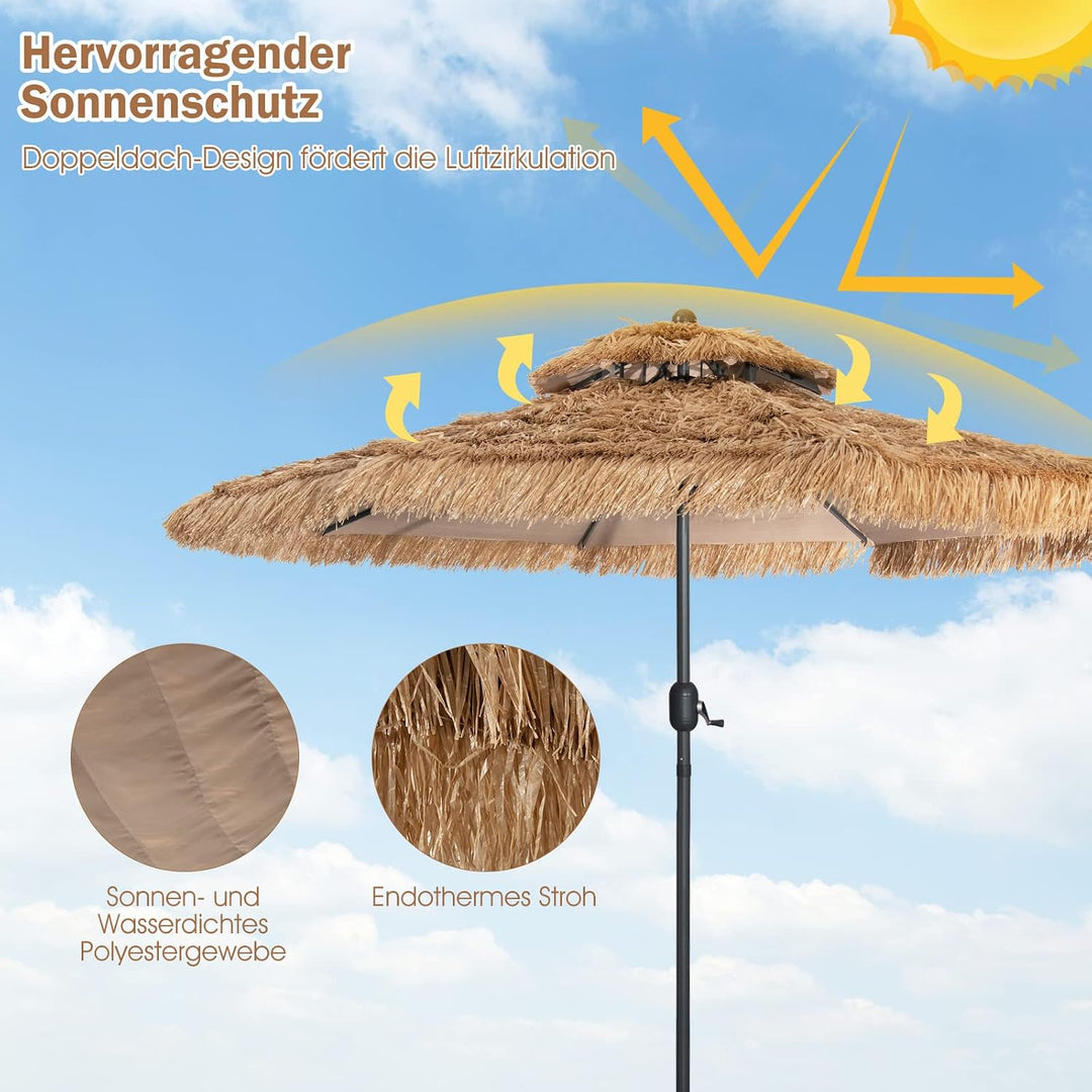 GOPLUS Sonnenschirm Hawaii 270cm, Strohschirm um 30° knickbar, Strandschirm mit Kurbel, Bast Sonnens