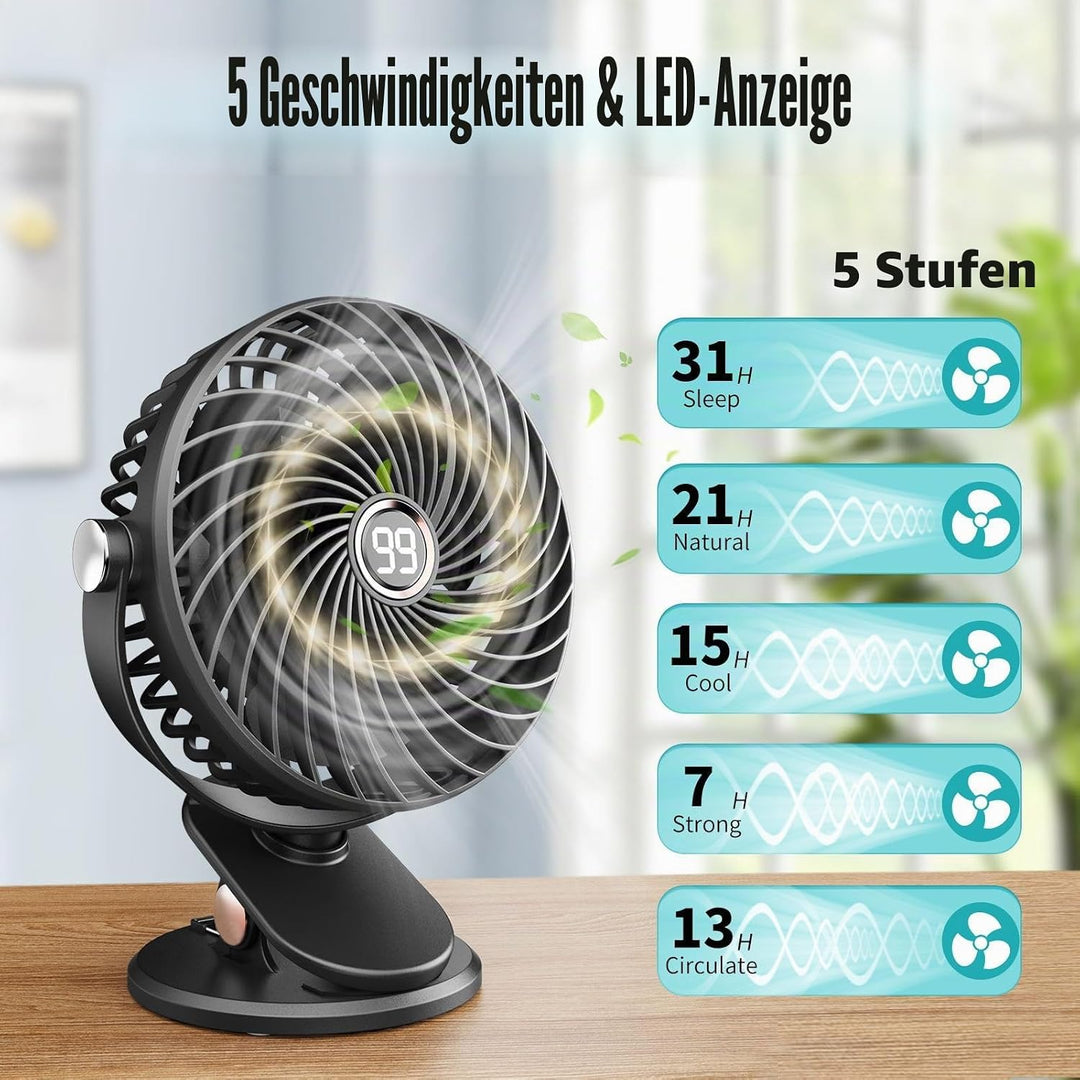 Schreibtischventilator, Mini-Ventilator, USB, leise, mit LCD-Display, 6000 mAh, Clip-Ventilator, 5 G