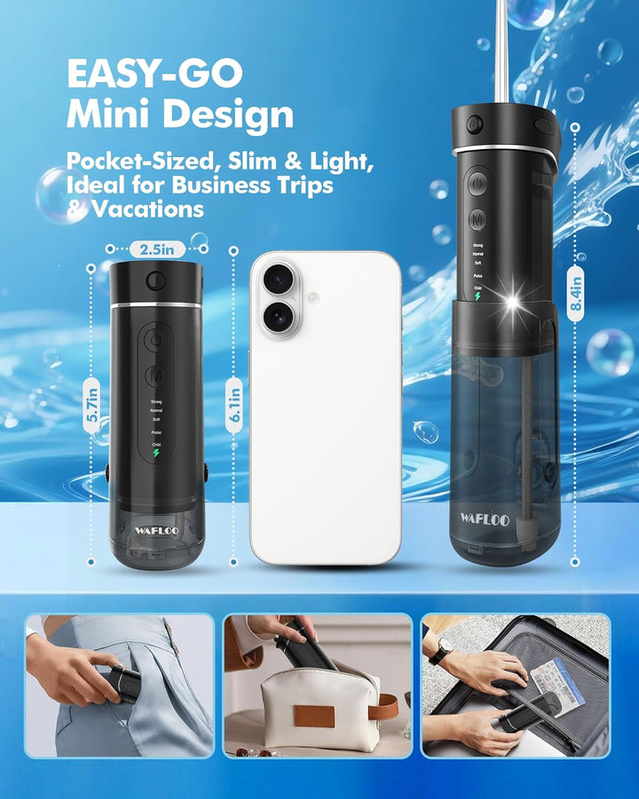 Munddusche Kabellos für Reise, Tragbarer Oral Irrigator mit Teleskop-Wassertank, 5 Reinigungsmodi, 4