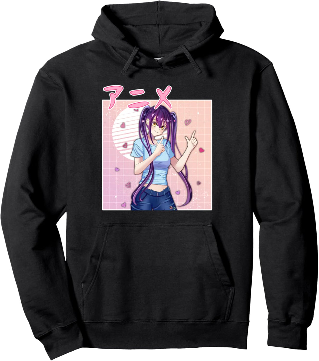 Anime Girl Retro Japanese Vaporwave Aesthetic Pink Pullover Hoodie