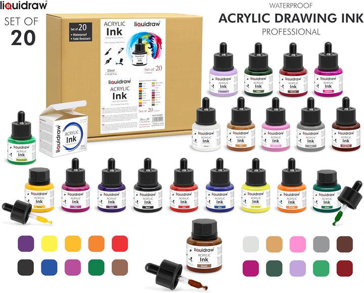 Liquidraw Acryl Zeichentinte - 20 verschiedene Farben | 35 ml Flaschen mit Tintentropfer | geeignet