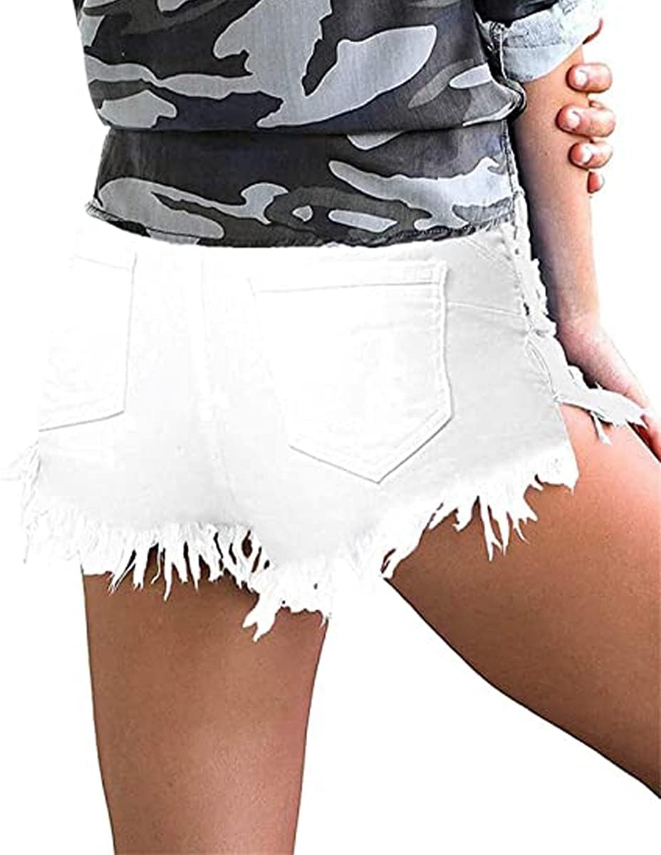 Necooer Damen Casual Ripped Denim Shorts Mittlere Taille Kurze Jeanshose mit Taschen M Weiss 02, M W