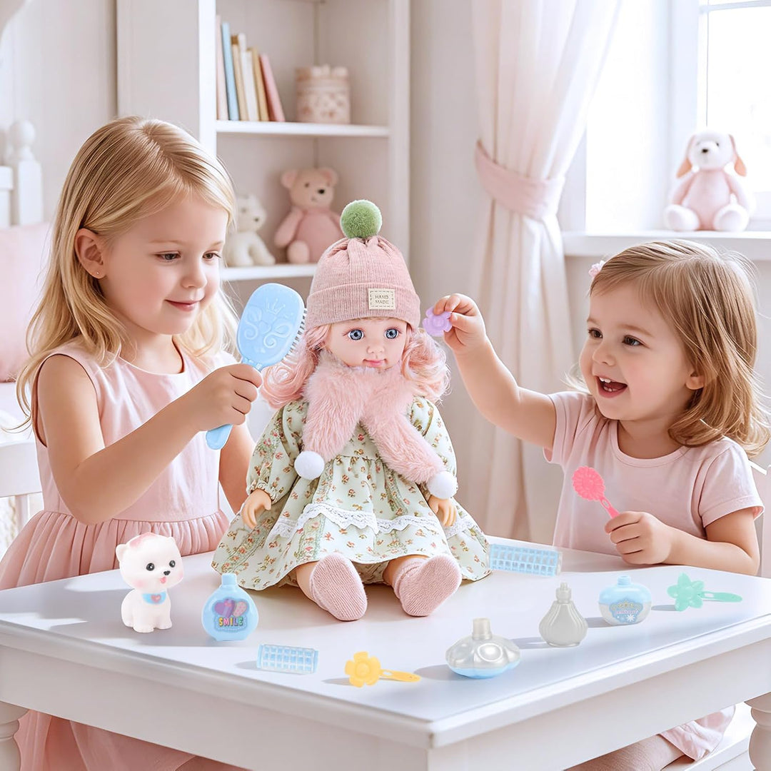 deAO 36CM Babypuppe Spielset mit 3 Puppenkleidung Tasche &amp; Haarzubehör