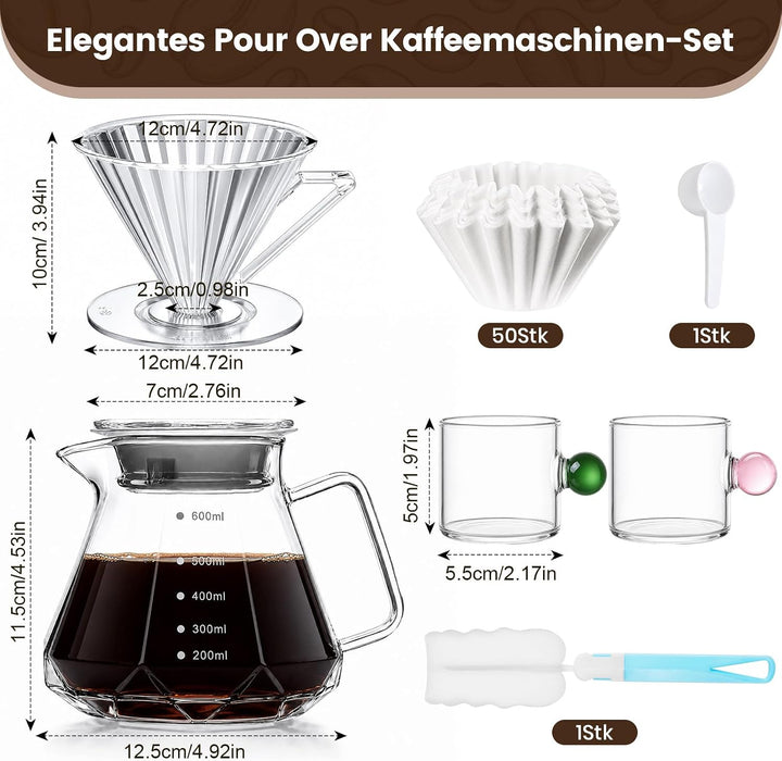 Pour Over Kaffeebereiter, 600ml Borosilikatglas-Karaffe | mit Glasdeckel, Übergiess-Kaffeetropfer fü