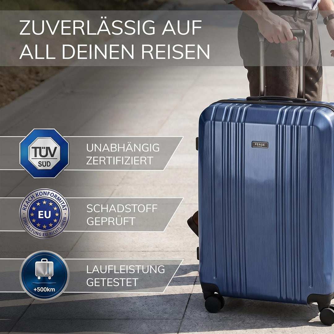 FERGÉ 3er Kofferset Hartschale Gepäckset mit 4 Doppelrollen &amp; TSA Schloss Blau-metallic, Blau-metall