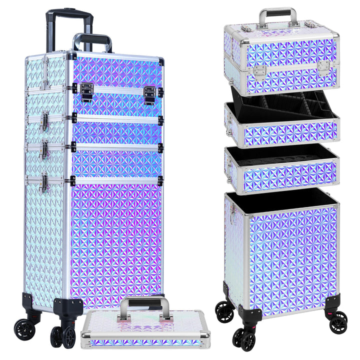 Arous 5-in-1 Profi-Kosmetikkoffer, Aluminium, mit 360° drehbaren Rädern Silber, Silber