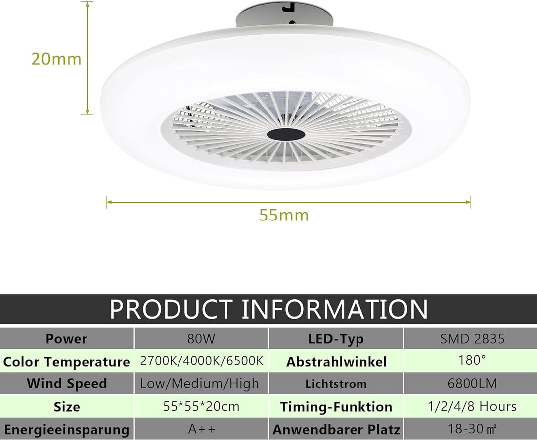 2 Stück 80W Deckenventilator mit Beleuchtung und Fernbedienung, LED Deckenlampe mit Ventilator Einst