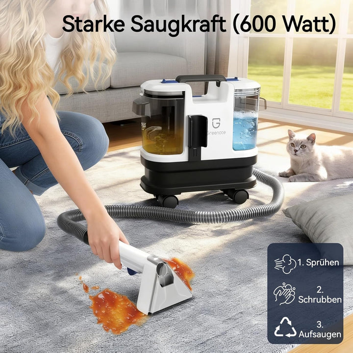 Greenote Teppichreiniger 600W kraftvolle Saugleistung, 4 lenkbare Räder für einfache Manövrierbarkei