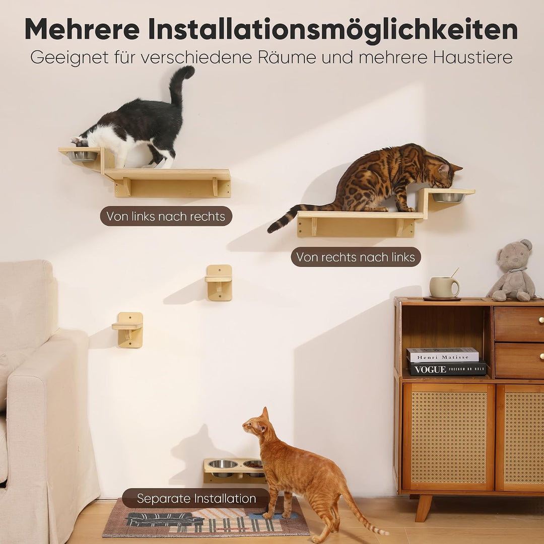 FUKUMARU Kletterwand Katzen Set, 2 Katzentreppe aus Massives Gummiholz, Katzenwand mit Katzennapf au