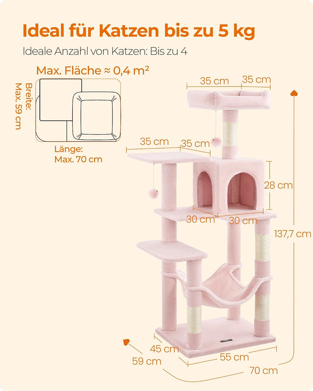 Feandrea Kratzbaum, 143 cm hoch, Katzenbaum, mehrstöckiges Katzenhaus, mit 4 Kratzsäulen, 2 Plattfor