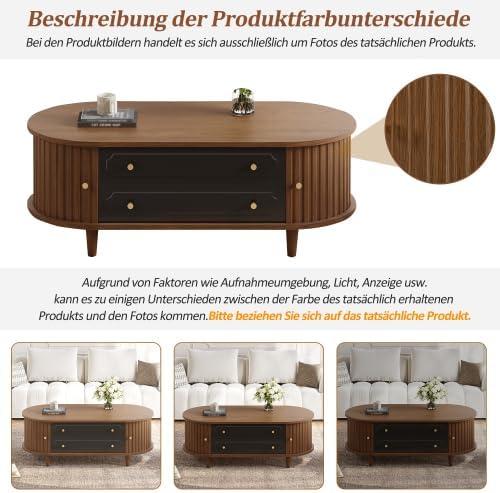 Merax Wohnzimmer Couchtisch – Walnussholz + Schwarz, 100 x 50 x 36 cm, 2 Rolltüren, 2 Schubladen, Be