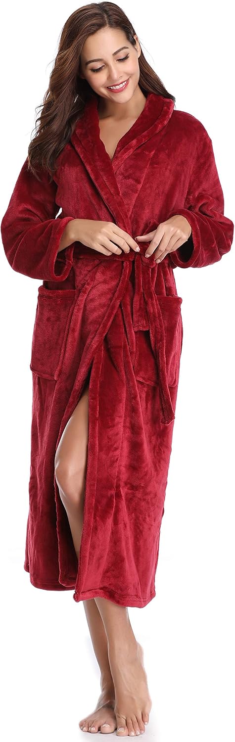 Vlazom Winter Bademantel weicher Flanell Bademantel Damen Saunamantel mit Kapuze Flauschiger Morgenm