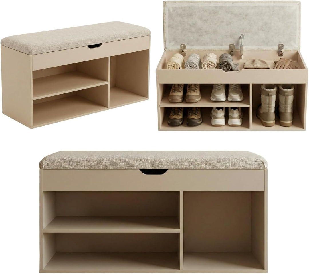 BOXIMO TRIA Schuhschrank mit Sitzbank, MDF und Polyester, 80 x 43 x 30 cm (Beige), Beige