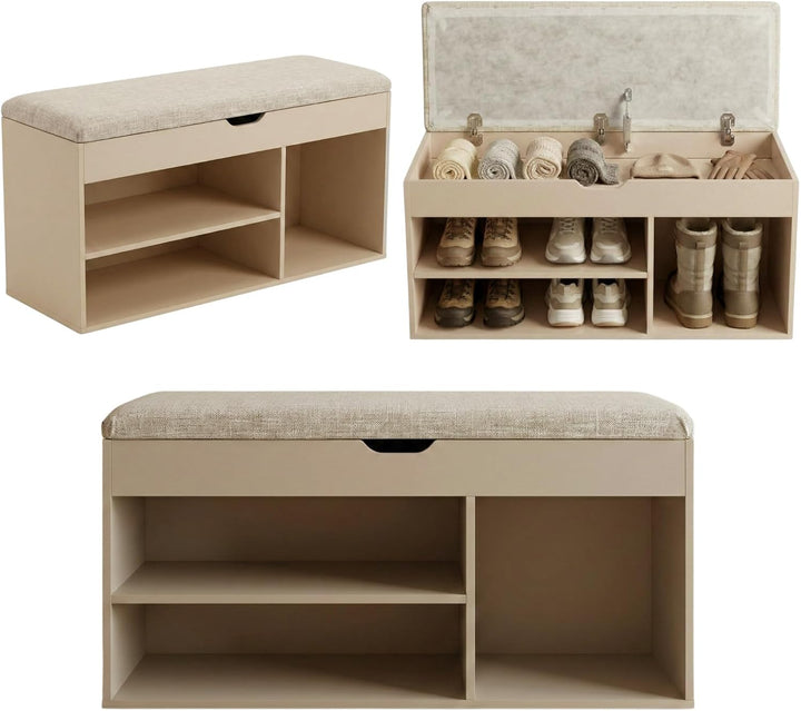 BOXIMO TRIA Schuhschrank mit Sitzbank, MDF und Polyester, 80 x 43 x 30 cm (Beige), Beige