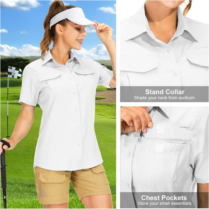 yeyity Hemdbluse Damen Kurzarm UV Schutz Wander Shirt Damen Atmungsaktiv Safari Hemd Schnelltrocknen