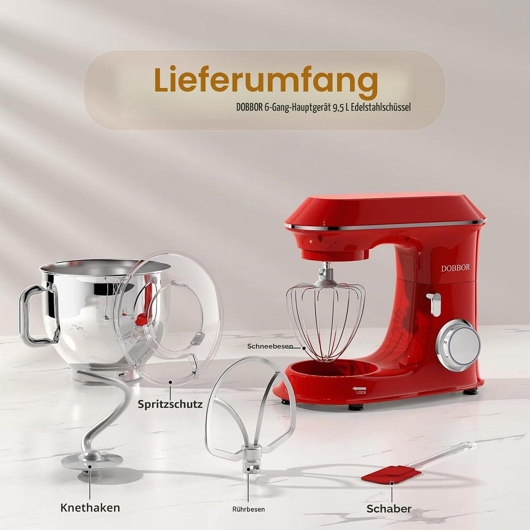 9.5L Küchenmaschine Knetmaschine 1500W, DOBBOR Rührmaschine mit Rührbesen, Knethaken, Schlagbesen, S