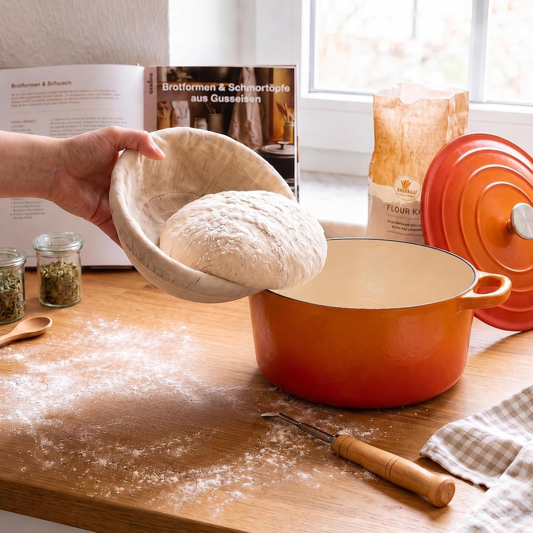 Brotback set Gusseisen Topf Brot Backen Zuhause | emallierter Brotbacktopf mit Gärkorb und Deckel |