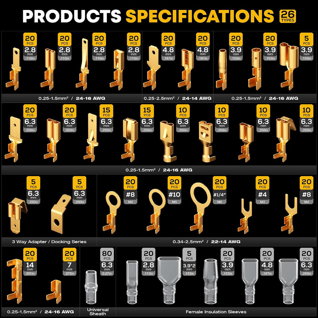 DxCRIMP Crimpzange Flachsteckhülsen mit 26 Arten Flachstecker Set, Krimpzange für 0,25-2,5mm² Steckv