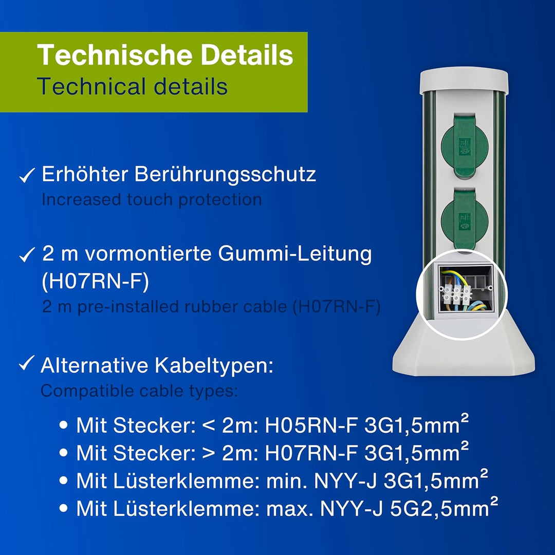 REV 0068200021 GreenCraft, Garten Steckdosen, H37cm, Kabel 2m, 2fach, IP44, 3500W, grün, 37,5 x 18,1