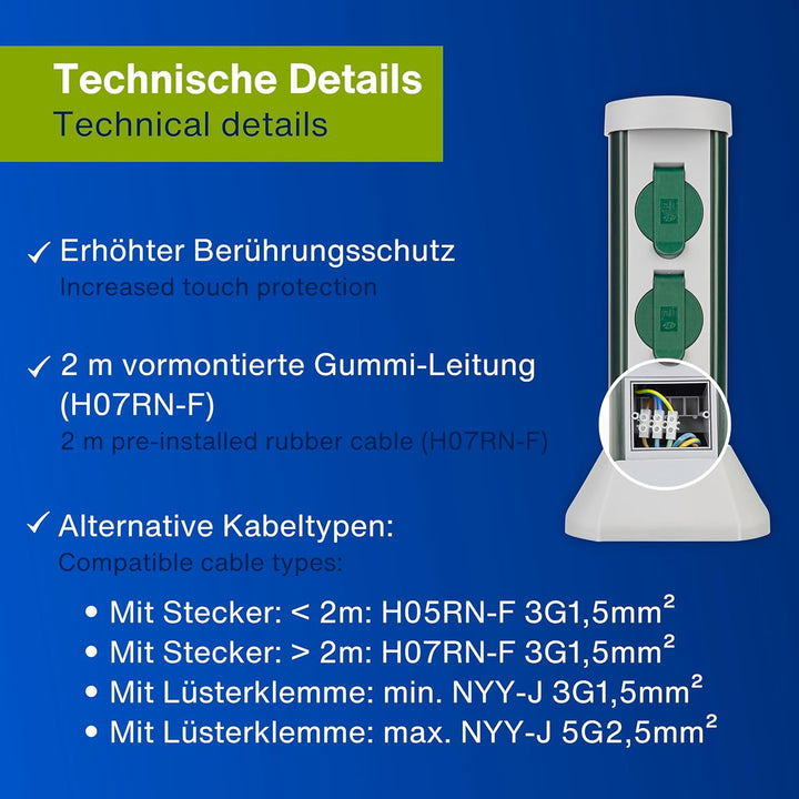 REV 0068200021 GreenCraft, Garten Steckdosen, H37cm, Kabel 2m, 2fach, IP44, 3500W, grün, 37,5 x 18,1