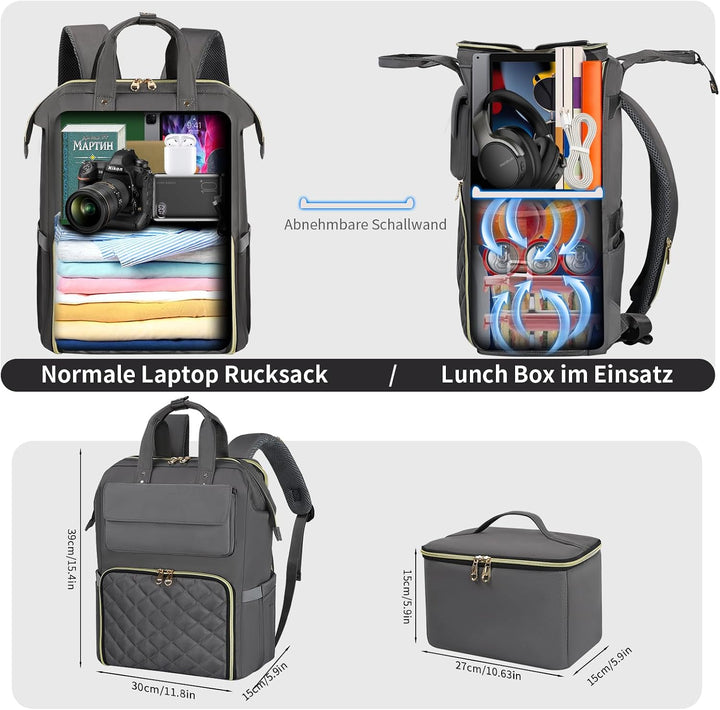 BERTASCHE Lunch Rucksack, Laptop Rucksack Damen 15,6 Zoll mit Isoliertes Kühltasche, 2-in-1-Arbeitsr