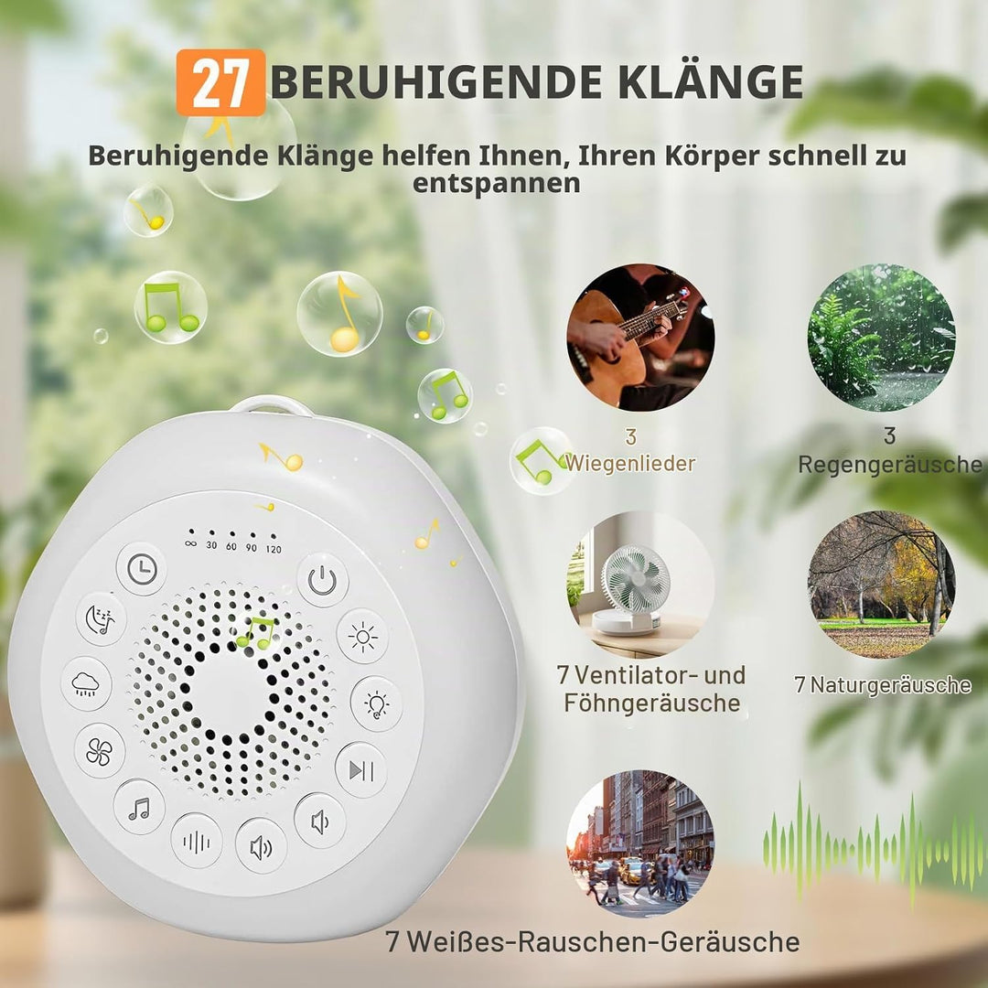 White Noise Machine für Babys, Geräuschmaschine mit 27 Beruhigenden Geräuschen, Nachtlicht und Timer