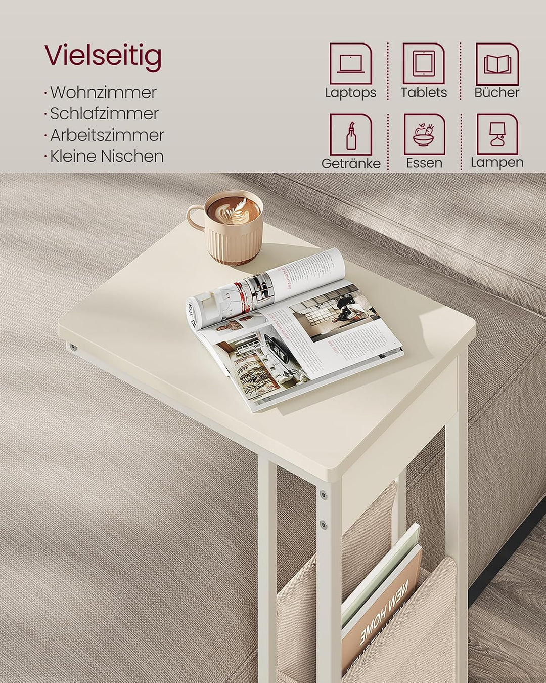 VASAGLE Beistelltisch, Sofatisch mit Rollen, C Form, Couchtisch klein, Stofftasche, verstellbare Füs